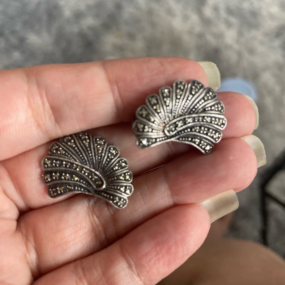 Ornate Fan-Shaped sterling Silver clip on Earrings